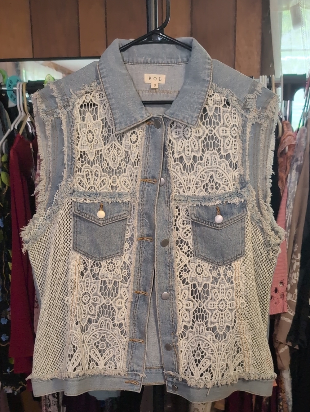 POL Light Blue Denim Vest with White Lace Panels NWOT